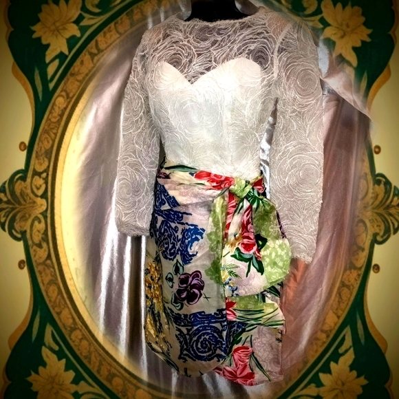 Rare Vintage Gorgeous Auers lace floral Paisley imprint cocktail dress S - Picture 4 of 16